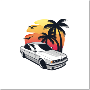 Whte E34 Classic Sedan wih Sunset Posters and Art